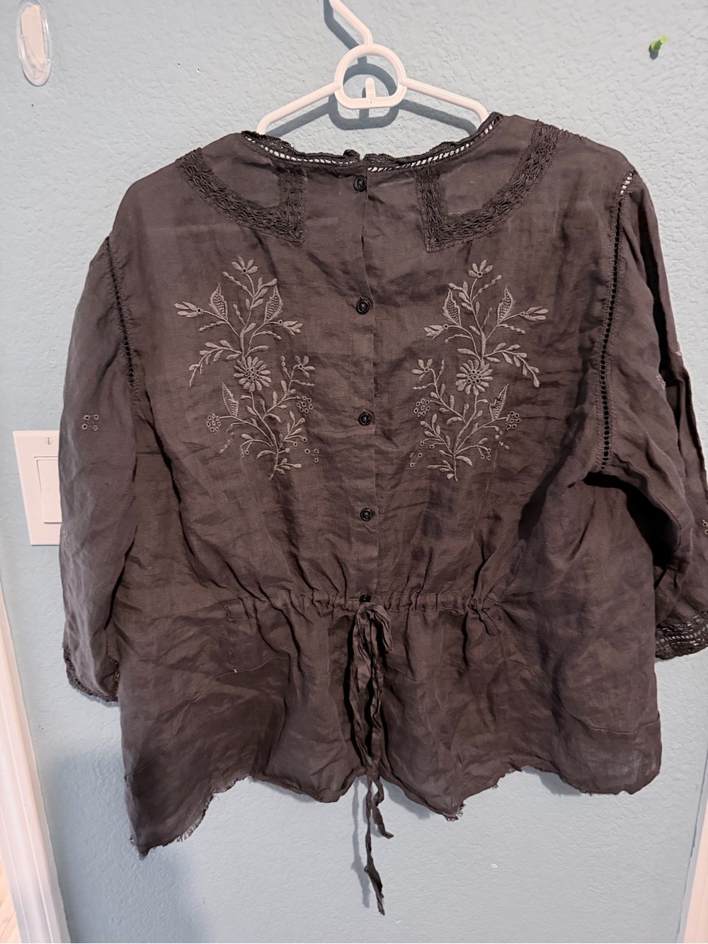 Magnolia Pearl Black Embroidered Drawstring Peasant Blouse